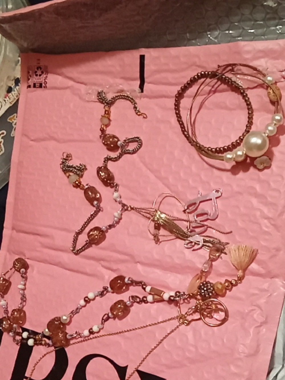 Gold-Tone Multi-Strand Necklace with Peach and Cream Beads